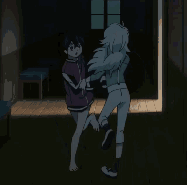 two anime characters holding hands in a dark hallway