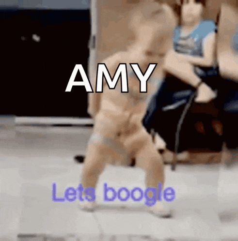 a baby is walking with the words amy let 's boogie behind it