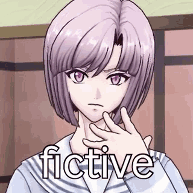 a girl with purple hair is making a face and the word fictive is on the bottom of the picture