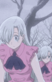 a couple of anime girls standing next to each other in front of a tree .