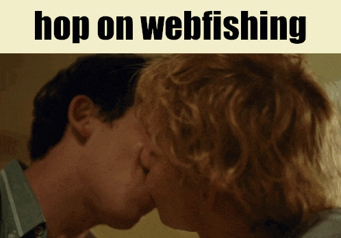 a couple kissing with the words hop on webfishing below them