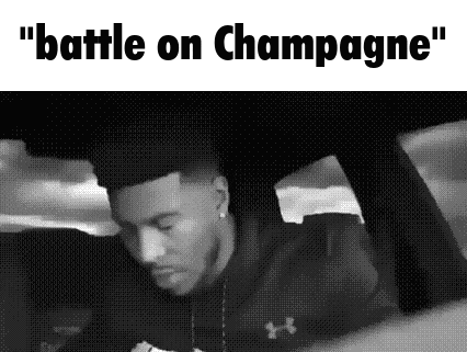 a black and white photo of a man in a car with the words `` battle on champagne '' written above him .
