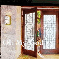 a door with stained glass and the words oh my god