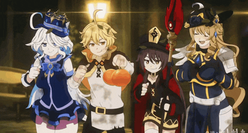 a group of anime characters are posing for a picture and one of them is holding a pumpkin