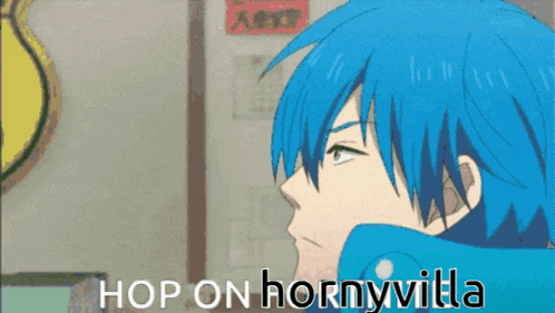a blue haired anime character with the words hop on hornyvilla above him