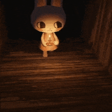 a cartoon bunny is holding a candle in a dark room