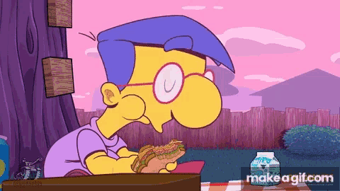 a cartoon of a man eating a sandwich next to a bottle of milk
