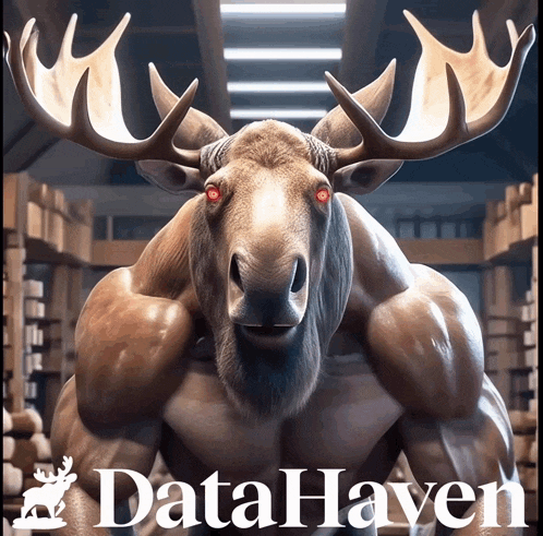 a moose with red eyes is standing in a warehouse with datahaven written on the bottom
