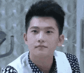 a young man with a towel around his neck is looking at the camera .