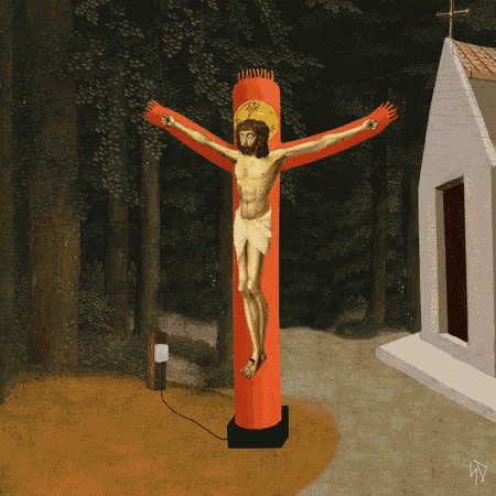 a painting of jesus on a cross with a small white building in the background