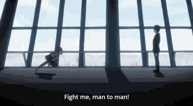a man and a woman are standing in front of a window with the words fight me man to man