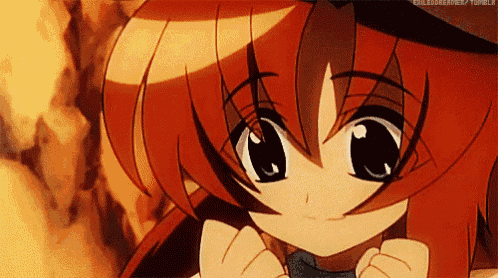 a close up of a red haired anime girl with big eyes