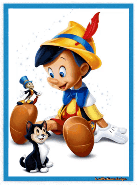a cartoon of pinocchio sitting next to a cat and a smaller cartoon character