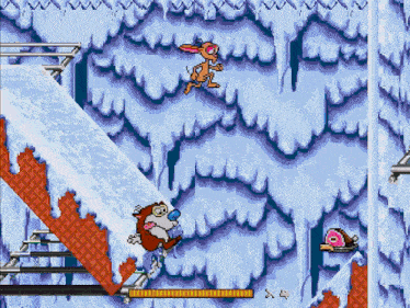 a video game shows a monkey and a rabbit on a snowy mountain