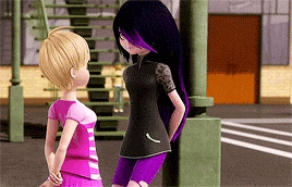 two cartoon characters are standing next to each other on the street .