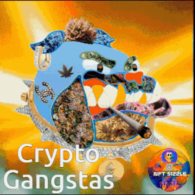 a picture of a dog smoking a cigarette with the words crypto gangsta on the bottom
