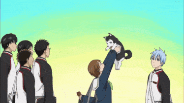 a group of anime characters are standing around a person holding a husky puppy