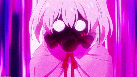 a girl with white hair is wearing a pink cape and a gas mask on her face .