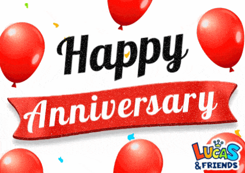 a happy anniversary sign with red balloons