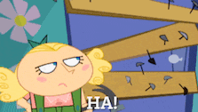 a cartoon girl is holding a hammer and says ha!