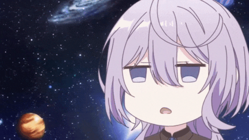 a cartoon girl with purple hair is looking at a planet