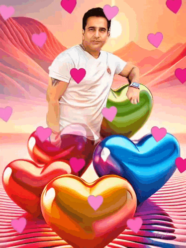 a man in a white shirt is surrounded by colorful hearts and pink hearts