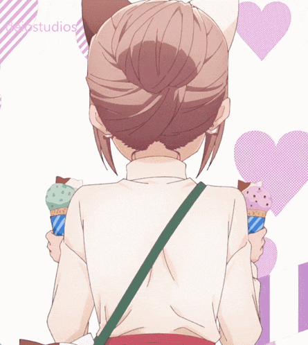 a girl with cat ears is holding an ice cream cone and smiling