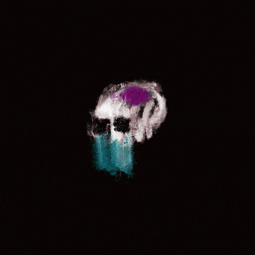 a drawing of a skull with purple and blue spots