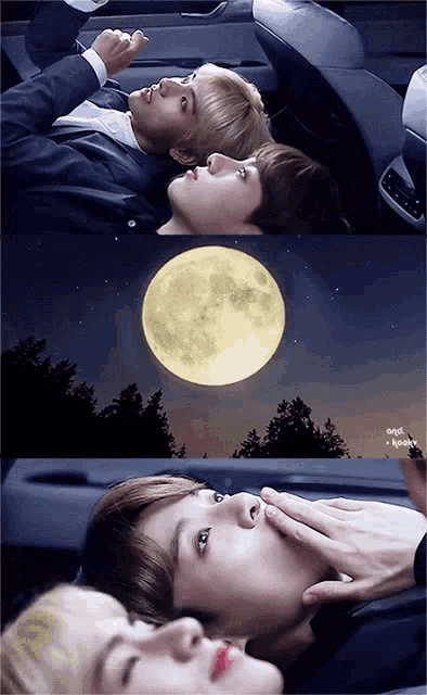 a man and a woman are laying in a car with a full moon in the background