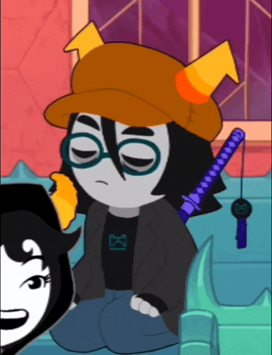 a cartoon character wearing a hat and glasses with the number 65 on her shirt
