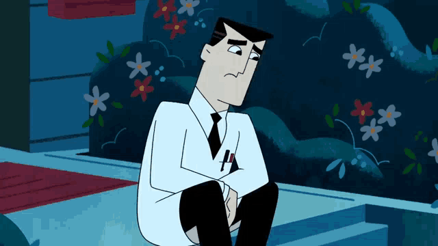a cartoon of a man in a lab coat and tie sitting on steps with flowers in the background