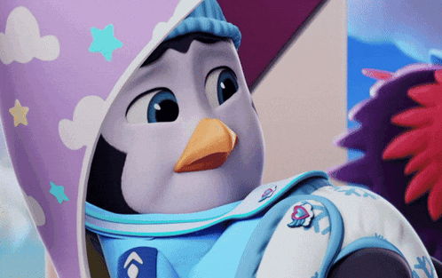 a cartoon penguin is wearing a bib that says ' s ' on it