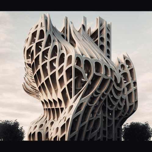 a building that looks like a bird 's head with a few trees in the background