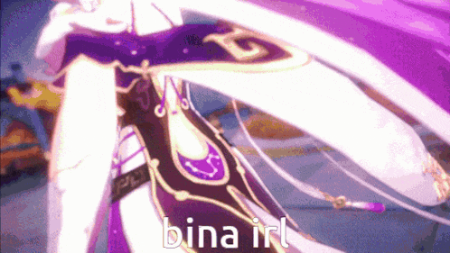 a woman in a purple dress is standing in front of a purple background with the words bina irl on it .