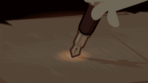 an illustration of a person writing with a fountain pen with flames coming out of it