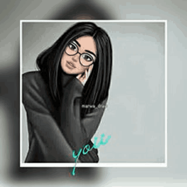 a girl with long black hair and glasses is wearing a black sweater and a black shirt .