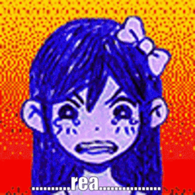 a drawing of a girl with blue hair and a bow on her head with the words rea on the bottom