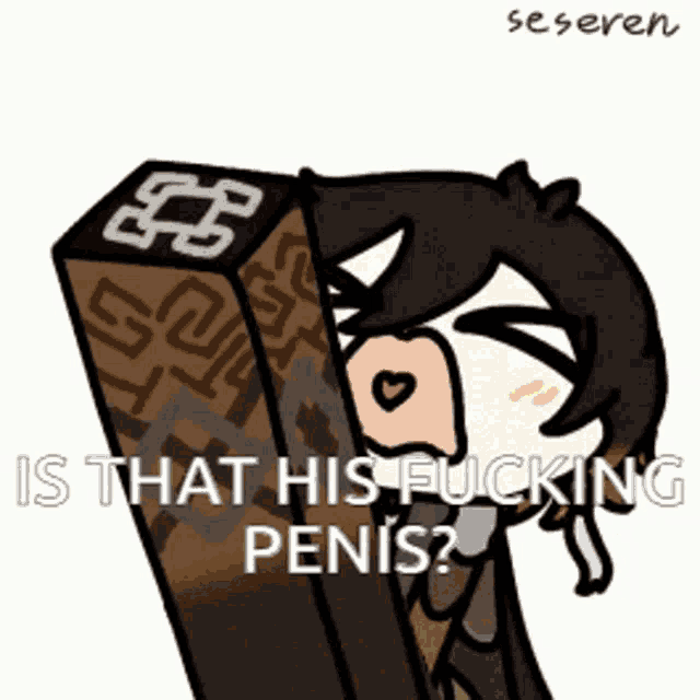 a cartoon of a man holding a block that says is that his fucking penis