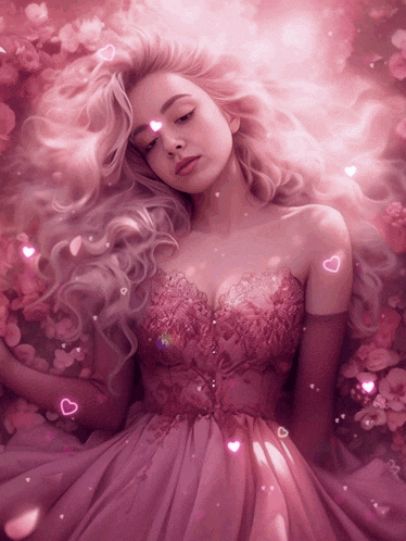 a woman in a pink dress is surrounded by pink flowers and hearts