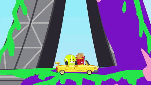 a yellow car with a tennis ball and a bucket of french fries in the back
