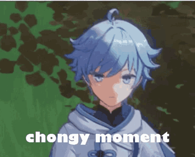 a blue haired anime character with the words " chongy moment " written on the bottom