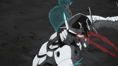 a black and white drawing of a robot with a sword and a blue circle around it