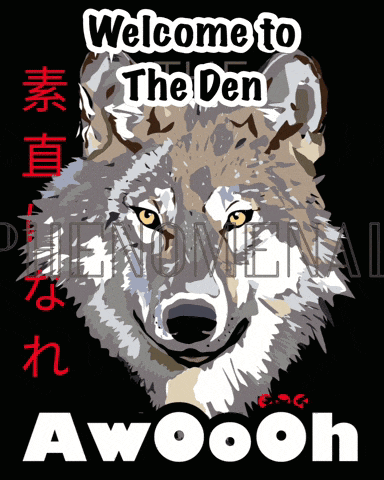 a picture of a wolf with the words welcome to the den awoooh below it