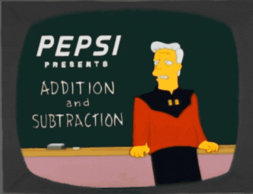 a cartoon character stands in front of a chalkboard that says pepsi presents addition and division