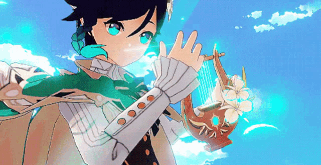 a girl with blue eyes is holding a harp