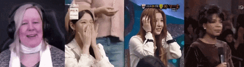 a woman wearing headphones is laughing while another woman holds her hand to her head