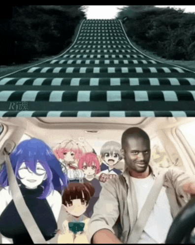 a man driving a car with anime characters on the back seat