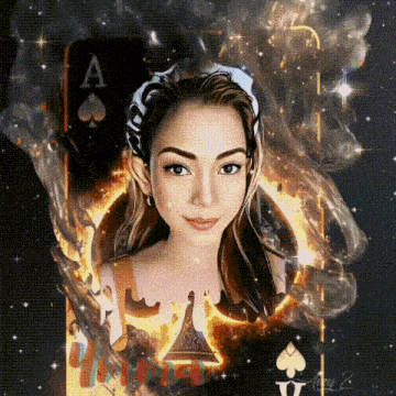 a woman is standing in front of a playing card with the letter a on it