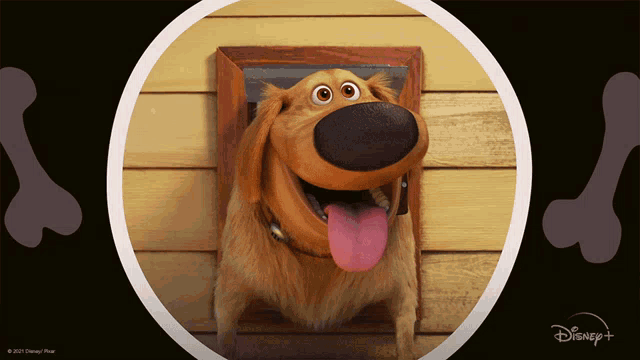 a cartoon dog with a pink tongue sticking out and a disney logo
