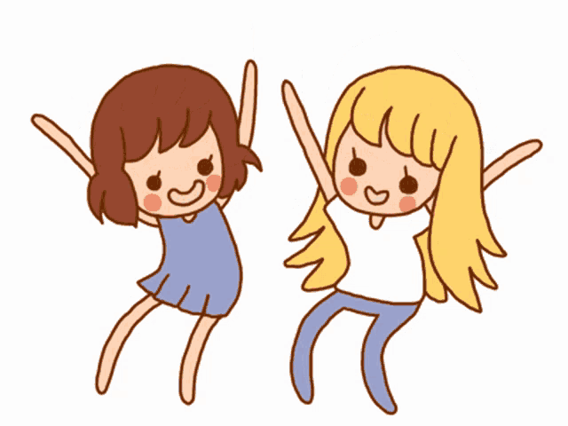 two girls are jumping in the air with their arms up
